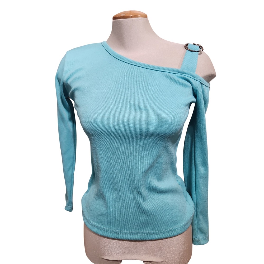 Women’s One-Shoulder Aqua Long-Sleeve Top